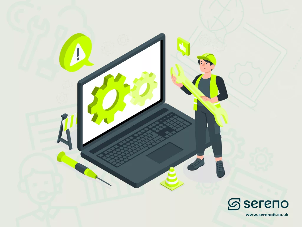 Illustration of an IT support technician standing beside a large laptop displaying two green gears on the screen. The technician, dressed in a high-visibility vest and helmet, holds a large wrench, symbolizing technical support and maintenance. Surrounding the laptop are various tools, including a screwdriver and a small barricade, emphasizing repair and troubleshooting. In the background, faint icons related to technology and communication are visible. The bottom right corner displays the Sereno IT logo and website URL.