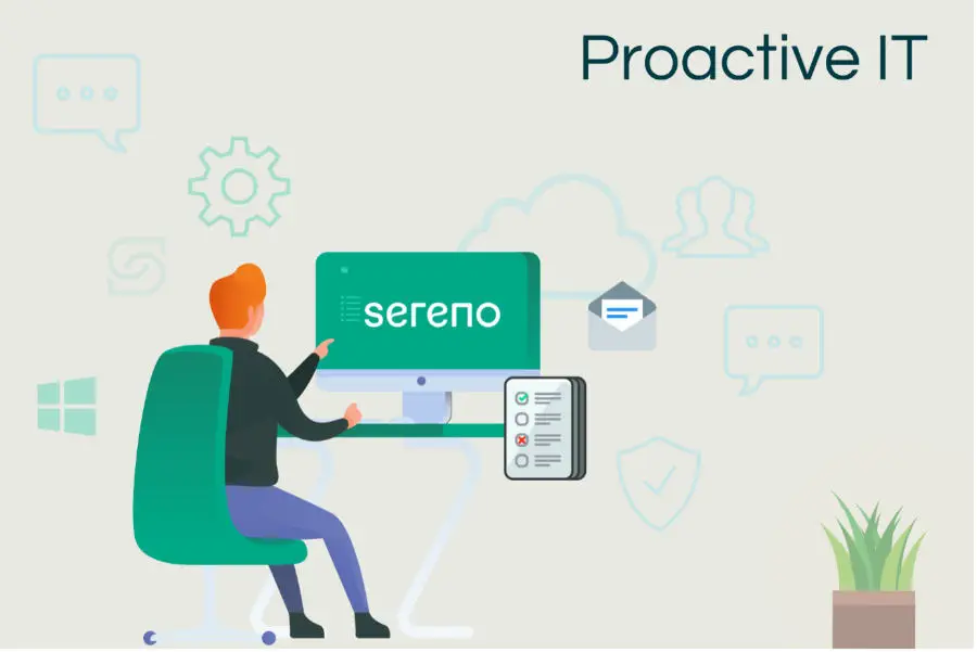 Illustration of a person using a Sereno computer screen with IT service icons in the background, symbolising proactive IT support and expert advice – featured on Sereno’s IT support insights page.