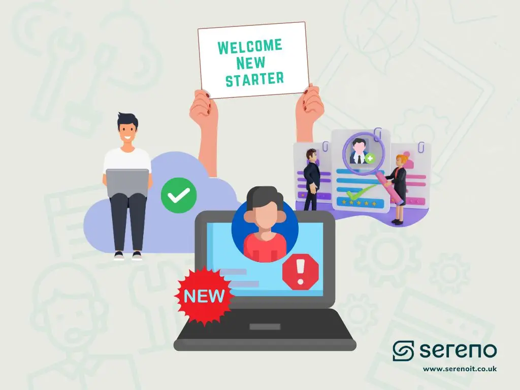 Illustration showing new employee onboarding with welcome sign, user profiles, and device setup alerts – highlighting common mistakes in IT new starter setups, featured on Sereno’s IT support insights page.