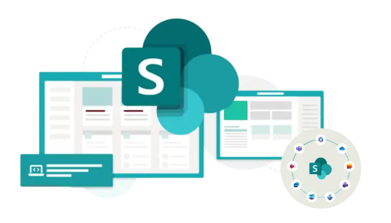 Illustration of Microsoft SharePoint interface screens with the SharePoint logo and integration icons – representing collaborative tools and document management, featured on Sereno’s SharePoint Consultation services page.