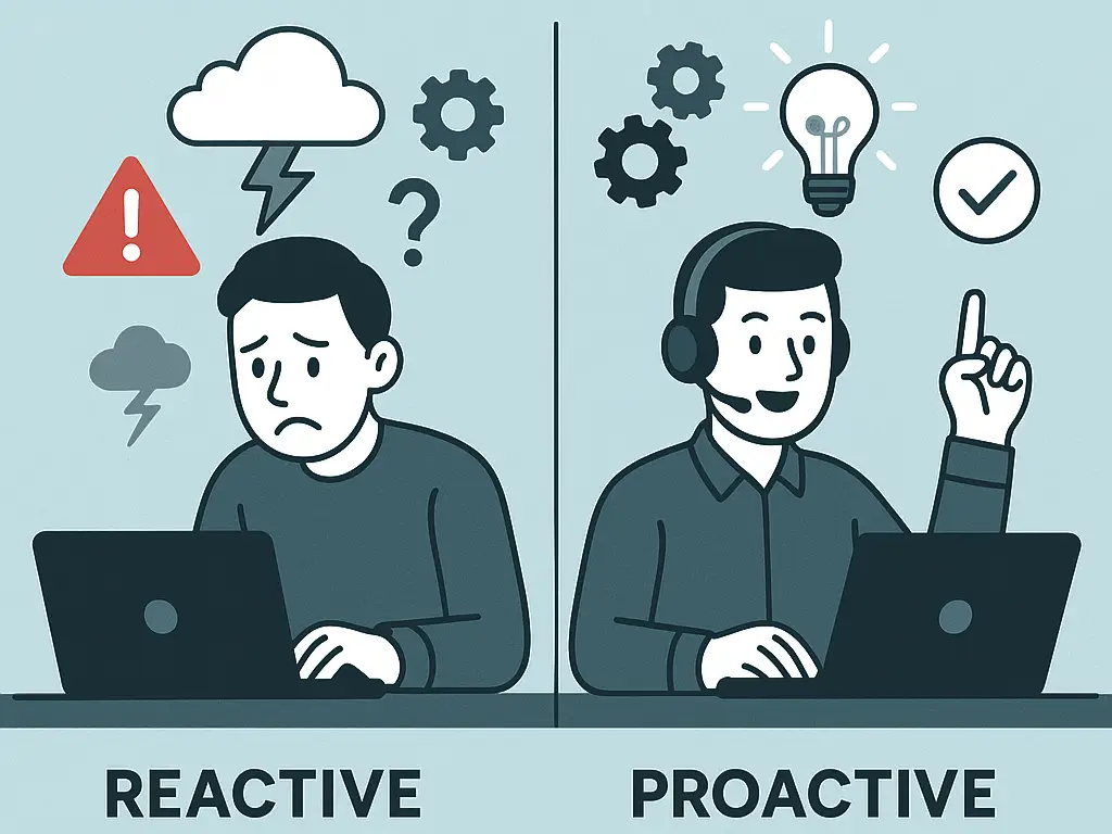 Illustration showing the difference between reactive and proactive IT support. On the left, a worried technician faces issues on a laptop with warning signs above. On the right, a confident technician with a headset gestures positively, surrounded by icons like a lightbulb and checkmark. The style uses calming green and grey tones, with a faint London skyline in the background.